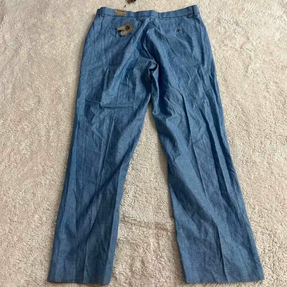 Stacy Adams Mens Blue Linen Derby Trousers Pants 36x32 Preppy Resort Summer